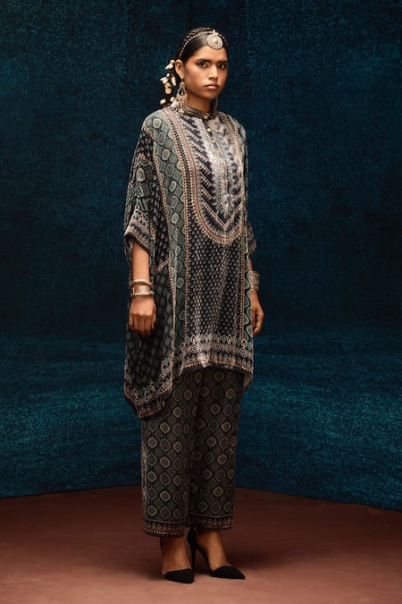 Buy_Rajdeep Ranawat_Black Silk Embroidery Ajrakh Printed Velvet Pant _Online_at_Aza_Fashions