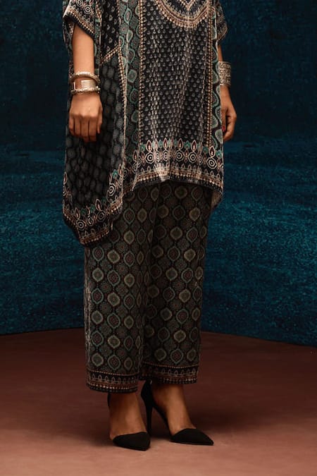 Shop_Rajdeep Ranawat_Black Silk Embroidery Ajrakh Printed Velvet Pant _Online_at_Aza_Fashions