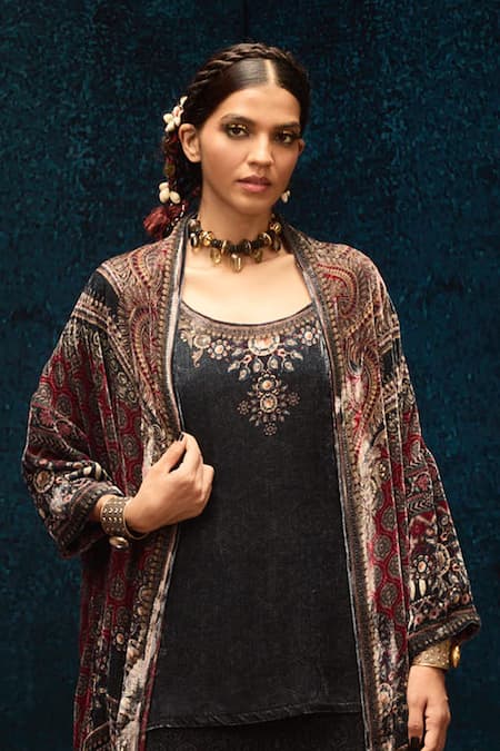 Buy_Rajdeep Ranawat_Black Silk Ajrakh Printed Velvet Pant _Online_at_Aza_Fashions