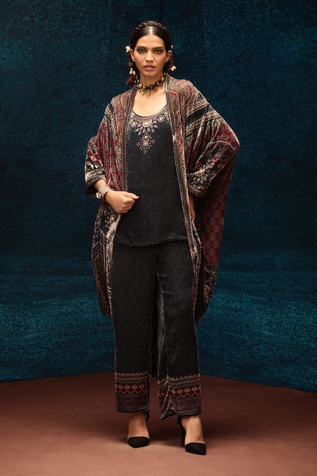 Shop_Rajdeep Ranawat_Black Silk Ajrakh Printed Velvet Pant _Online_at_Aza_Fashions