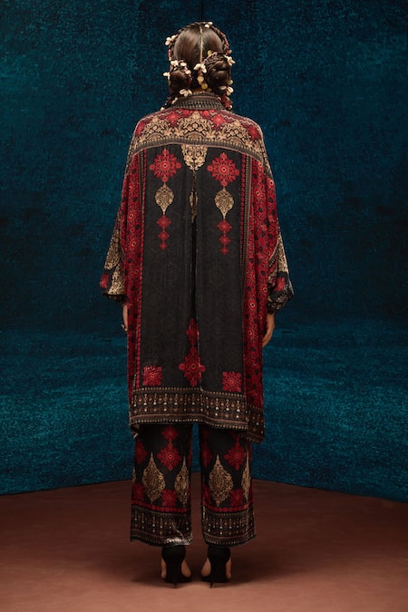 Shop_Rajdeep Ranawat_Black Silk, Velvet Embroidery Ajrakh Print Pant _at_Aza_Fashions