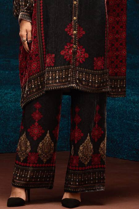 Buy_Rajdeep Ranawat_Black Silk, Velvet Embroidery Ajrakh Print Pant _Online_at_Aza_Fashions