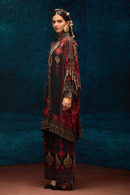 Shop_Rajdeep Ranawat_Black Silk, Velvet Embroidery Ajrakh Print Pant _Online_at_Aza_Fashions