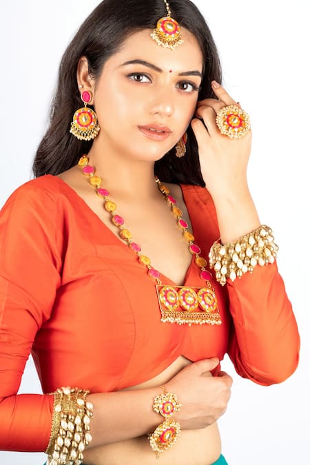 Bauble Bazaar_Yellow Pearls, Embroidery, Stones Thread Designer Jewellery Set _Online_at_Aza_Fashions