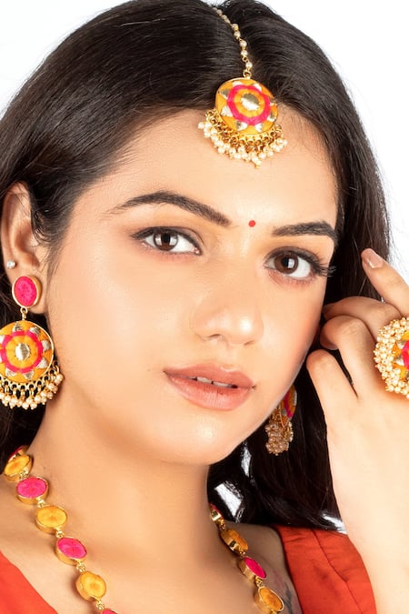 Buy_Bauble Bazaar_Yellow Pearls, Embroidery, Stones Thread Designer Jewellery Set _Online_at_Aza_Fashions