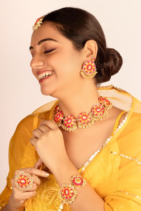 Bauble Bazaar Pink Pearls Thread Embroidered Choker Set 