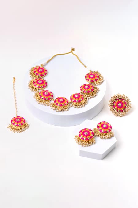 Shop Bauble Bazaar Pink Pearls Thread Embroidered Choker Set at Aza Fashions Shop_Bauble Bazaar_Pink Pearls Thread Embroidered Choker Set _at_Aza_Fashions