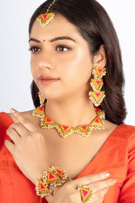 Bauble Bazaar_Yellow Pearls, Embroidery Pink Thread Choker Set _Online_at_Aza_Fashions