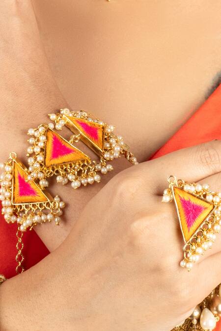 Shop_Bauble Bazaar_Yellow Pearls, Embroidery Pink Thread Choker Set _Online_at_Aza_Fashions