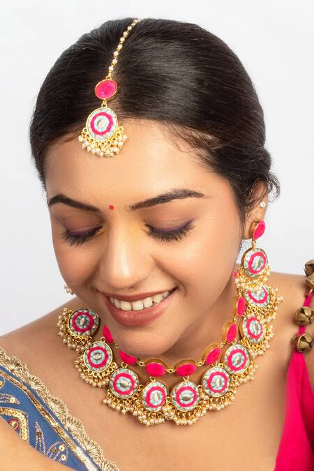 Bauble Bazaar_Sky Blue Pearls, Embroidery And Pink Choker Set _Online_at_Aza_Fashions