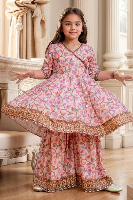 Petite Pomme Multi Color Muslin, Net Lace, Tassels, Embroidery Floral Angarkha And Sharara Set at Aza Fashions Petite Pomme_Multi Color Muslin, Net Lace, Tassels, Embroidery Floral Angarkha And Sharara Set _at_Aza_Fashions