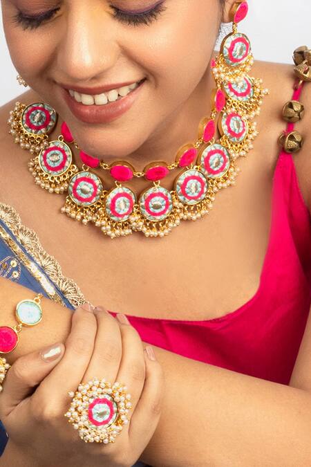 Buy_Bauble Bazaar_Sky Blue Pearls, Embroidery And Pink Choker Set _Online_at_Aza_Fashions