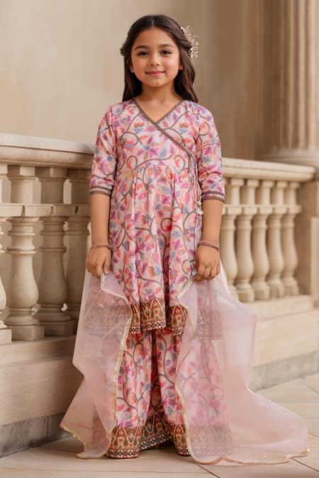 Buy Petite Pomme Multi Color Muslin, Net Lace, Tassels, Embroidery Floral Angarkha And Sharara Set Buy_Petite Pomme_Multi Color Muslin, Net Lace, Tassels, Embroidery Floral Angarkha And Sharara Set