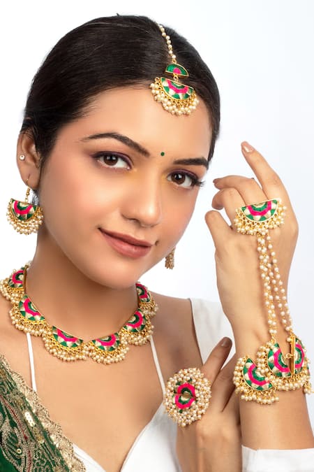 Bauble Bazaar Green Pearls, Embroidery Fern Scallop Choker Set 