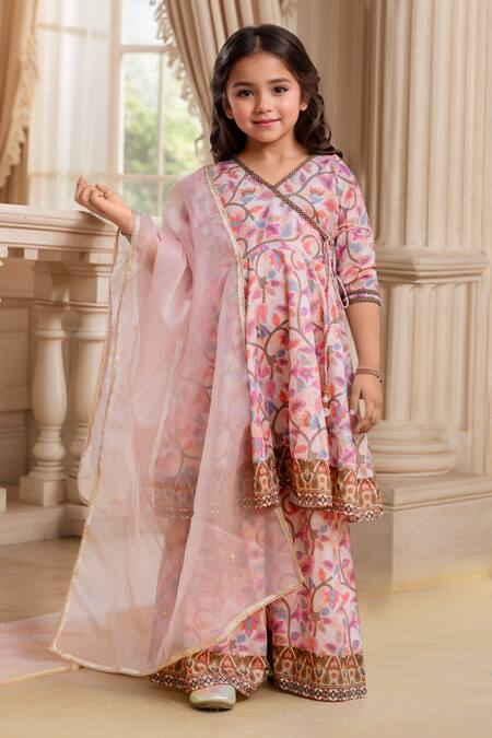 Shop Petite Pomme Multi Color Muslin, Net Lace, Tassels, Embroidery Floral Angarkha And Sharara Set Shop_Petite Pomme_Multi Color Muslin, Net Lace, Tassels, Embroidery Floral Angarkha And Sharara Set