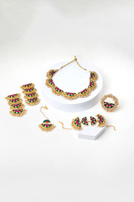 Shop Bauble Bazaar Green Pearls, Embroidery Fern Scallop Choker Set Shop_Bauble Bazaar_Green Pearls, Embroidery Fern Scallop Choker Set