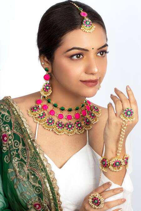 Bauble Bazaar Green Pearls, Embroidery Choker Set With Earrings And Ring 