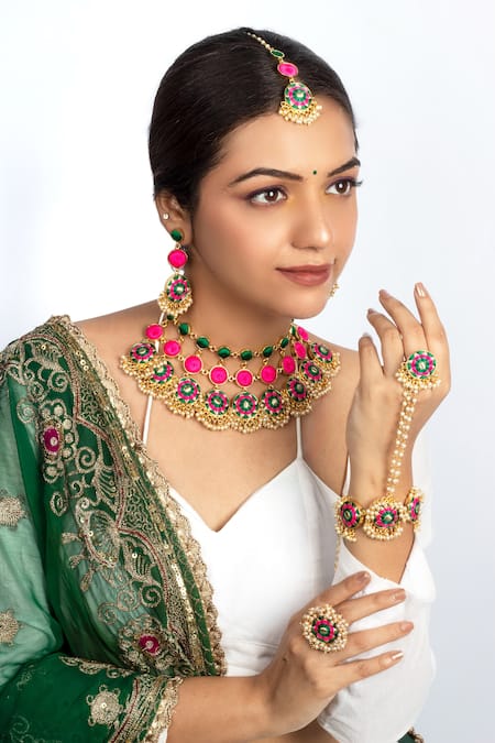 Shop Bauble Bazaar Green Pearls, Embroidery Choker Set With Earrings And Ring at Aza Fashions Shop_Bauble Bazaar_Green Pearls, Embroidery Choker Set With Earrings And Ring _at_Aza_Fashions