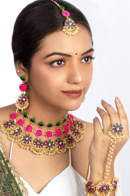 Bauble Bazaar Green Pearls, Embroidery Choker Set With Earrings And Ring Online at Aza Fashions Bauble Bazaar_Green Pearls, Embroidery Choker Set With Earrings And Ring _Online_at_Aza_Fashions