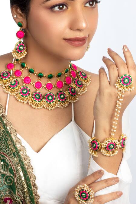 Buy Bauble Bazaar Green Pearls, Embroidery Choker Set With Earrings And Ring Online at Aza Fashions Buy_Bauble Bazaar_Green Pearls, Embroidery Choker Set With Earrings And Ring _Online_at_Aza_Fashions