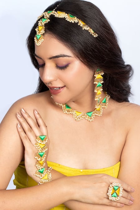 Bauble Bazaar Yellow Pearls, Embroidery And Thread Necklace Set 