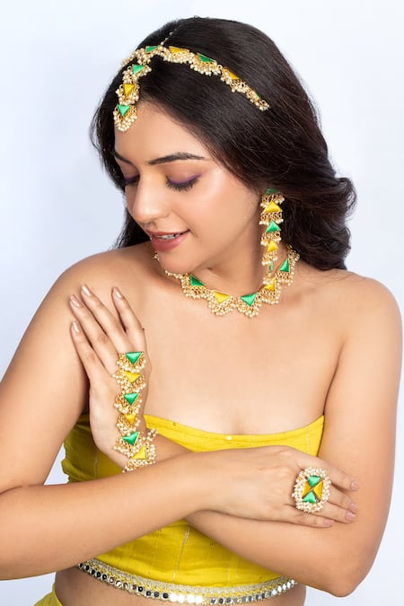 Shop_Bauble Bazaar_Yellow Pearls, Embroidery And Thread Necklace Set _at_Aza_Fashions