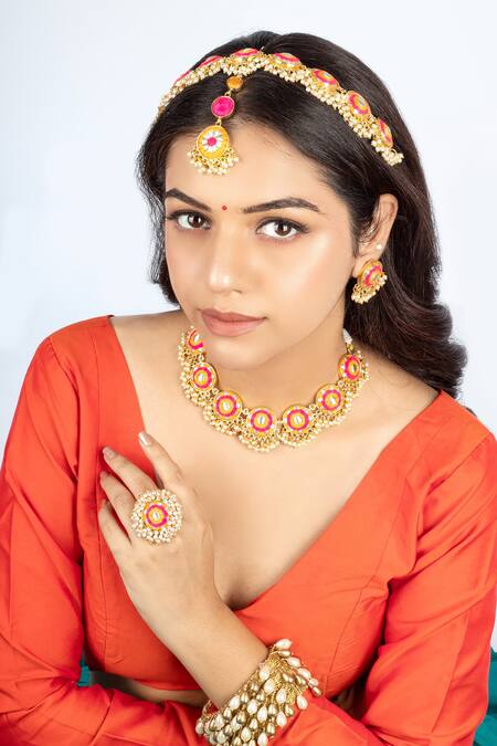 Bauble Bazaar Yellow Pearls, Embroidery Choker Set With Thread And 