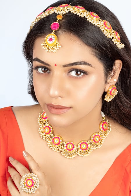 Shop Bauble Bazaar Yellow Pearls, Embroidery Choker Set With Thread And at Aza Fashions Shop_Bauble Bazaar_Yellow Pearls, Embroidery Choker Set With Thread And _at_Aza_Fashions