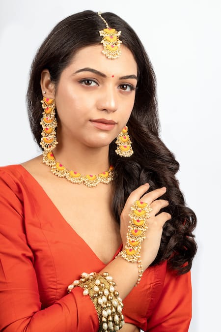 Shop Bauble Bazaar Yellow Pearls, Embroidery Scalloped Hand Harness at Aza Fashions Shop_Bauble Bazaar_Yellow Pearls, Embroidery Scalloped Hand Harness _at_Aza_Fashions