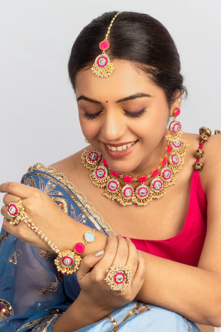 Shop Bauble Bazaar Blue Pearls, Embroidery Bloom Thread Hand Harness at Aza Fashions Shop_Bauble Bazaar_Blue Pearls, Embroidery Bloom Thread Hand Harness _at_Aza_Fashions