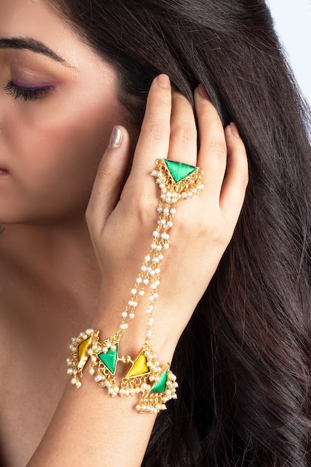 Shop Bauble Bazaar Yellow Tringle Charm Hand Harness at Aza Fashions Shop_Bauble Bazaar_Yellow Tringle Charm Hand Harness _at_Aza_Fashions