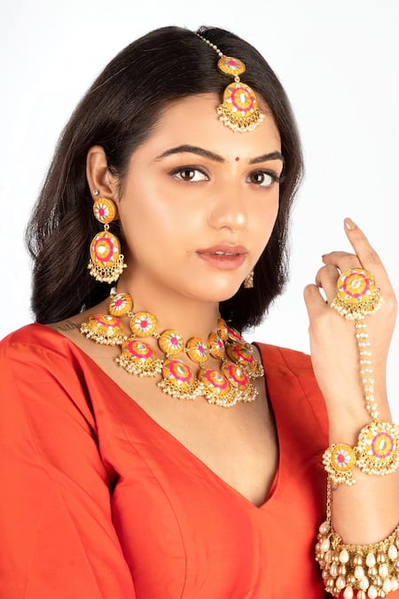 Shop_Bauble Bazaar_Yellow Pearls, Embroidery Floral Thread Hand Harness _at_Aza_Fashions