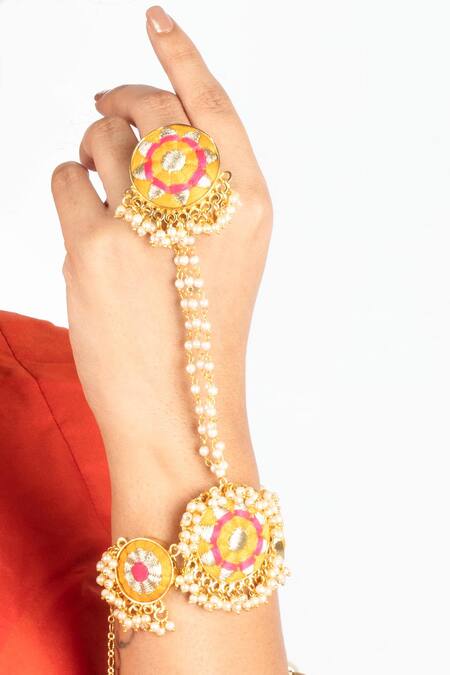 Bauble Bazaar_Yellow Pearls, Embroidery Floral Thread Hand Harness _Online_at_Aza_Fashions