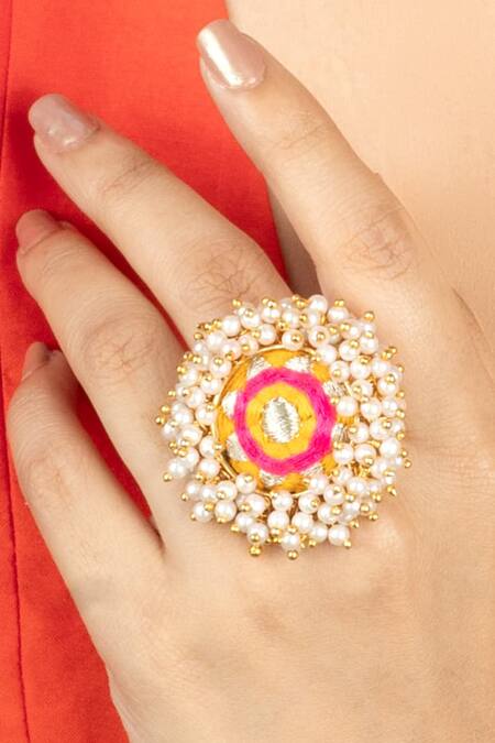 Bauble Bazaar Yellow Pearls, Embroidery Floral Ring With Tassels Online at Aza Fashions Bauble Bazaar_Yellow Pearls, Embroidery Floral Ring With Tassels _Online_at_Aza_Fashions