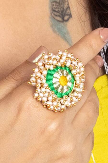 Bauble Bazaar_Yellow Pearls, Embroidery Floral Ring _Online_at_Aza_Fashions