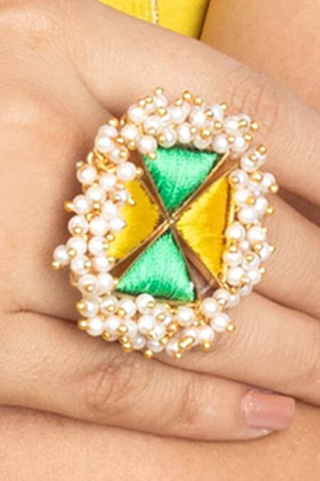 Bauble Bazaar_Yellow Pearls, Embroidery Floral Tasselled Ring _Online_at_Aza_Fashions
