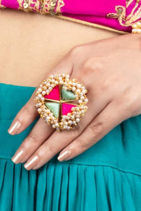 Bauble Bazaar Mint Pearls, Embroidery Floral Ring 