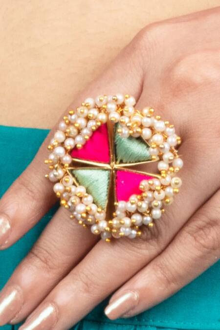 Bauble Bazaar_Mint Pearls, Embroidery Floral Ring _Online_at_Aza_Fashions