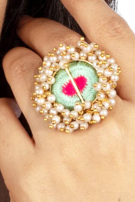 Bauble Bazaar_Blue Pearls, Embroidery Thread Tasselled Ring _Online_at_Aza_Fashions