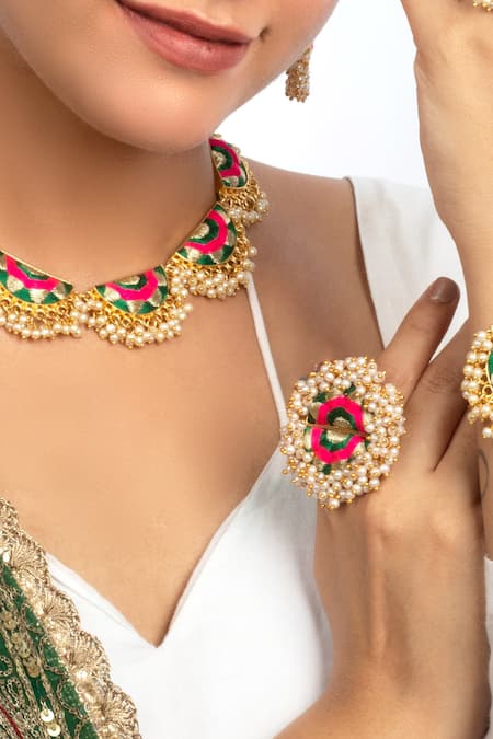 Bauble Bazaar Green Pearls, Embroidery Tasselled Designer Ring 