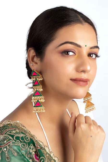 Shop Bauble Bazaar Green Pearls, Tassels Triangular Dangler Earrings With at Aza Fashions Shop_Bauble Bazaar_Green Pearls, Tassels Triangular Dangler Earrings With _at_Aza_Fashions