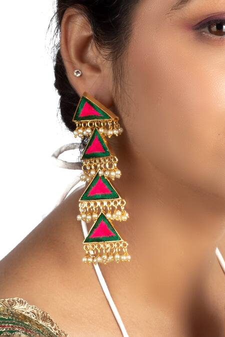 Bauble Bazaar Green Pearls, Tassels Triangular Dangler Earrings With Online at Aza Fashions Bauble Bazaar_Green Pearls, Tassels Triangular Dangler Earrings With _Online_at_Aza_Fashions