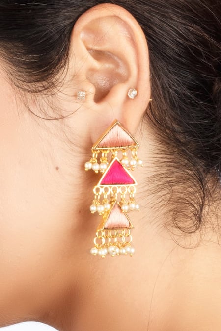 Bauble Bazaar_Pink Pearls, Embroidery Gold Plated Triangular Dangler Earrings _Online_at_Aza_Fashions
