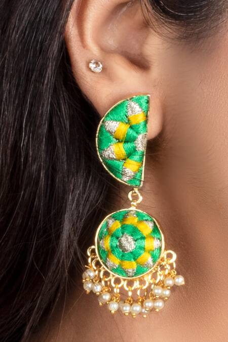 Bauble Bazaar_Yellow Pearls, Tassels Clover Bloom Dangler Earrings _Online_at_Aza_Fashions