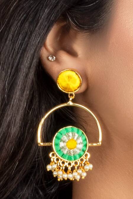 Bauble Bazaar_Yellow Pearls, Tassels Bloom Design Dangler Earrings _Online_at_Aza_Fashions