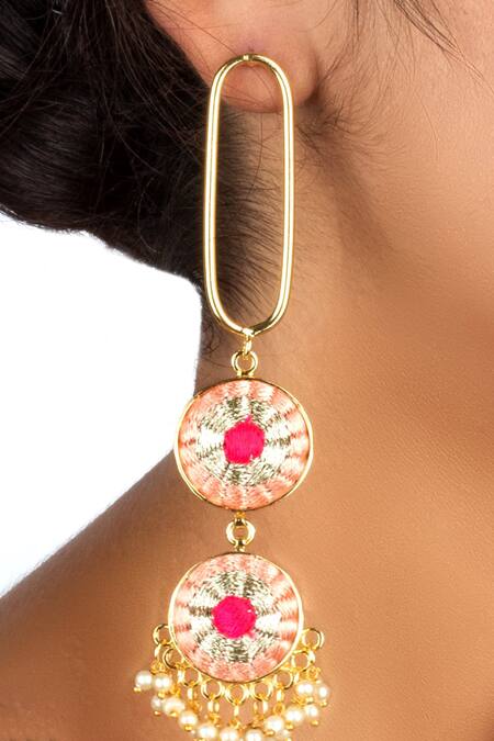 Bauble Bazaar_Pink Pearls, Embroidery Peach And Petal Cascade Danglers _Online_at_Aza_Fashions
