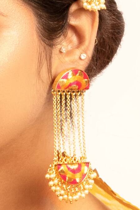 Bauble Bazaar_Yellow Pearls Chand Tassel Cascade Danglers _Online_at_Aza_Fashions