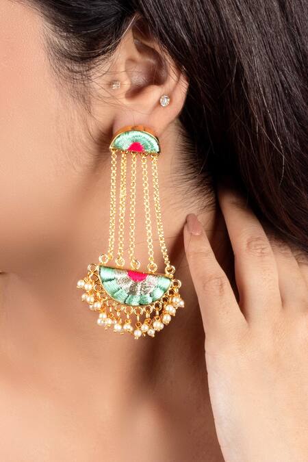 Bauble Bazaar_Blue Pearls, Embroidery Mandala Tassel Cascade Earrings _Online_at_Aza_Fashions