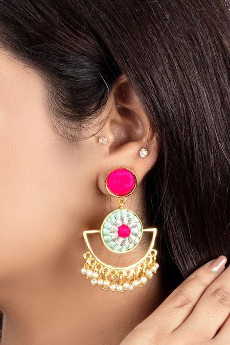 Shop_Bauble Bazaar_Blue Pearls Gold Plated Lotus Mandala Drop Earrings _at_Aza_Fashions