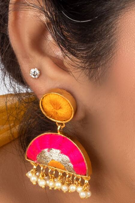 Bauble Bazaar_Yellow Pearls, Embroidery Crescent Bloom Drop Earrings _Online_at_Aza_Fashions